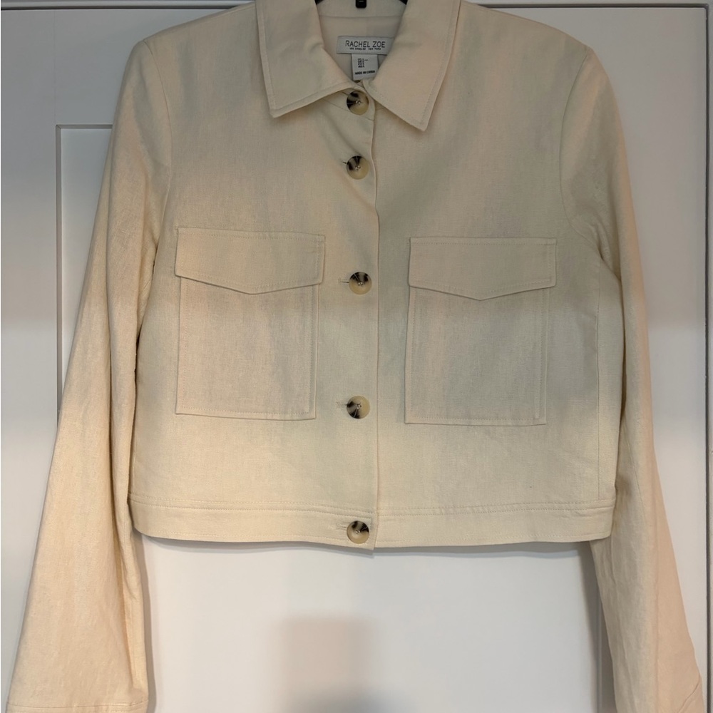 Rachel Zoe Cropped linen denim style short Jacket Cream Button Front Size L